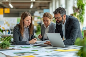 Obraz premium Professionals brainstorming on carbon neutrality projects, laptops and printed reports in a bright, modern office