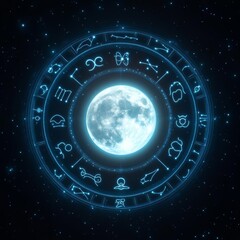 Obraz premium Zodiac signs surrounding a glowing full moon, mystic energy, 3D illustration