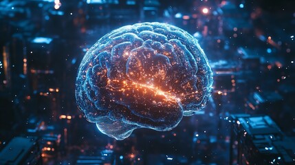 Vibrant and Energetic Depiction of a Human Brain with Technological Elements, Showcasing the Integration of Artificial Intelligence and Human Cognition in a Sci-Fi Setting