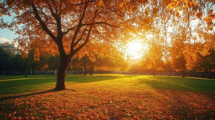 Fototapeta premium Colorful autumn Park with city view red and yellow maple trees and blue sky,Autumn forest path,Lawn in autumn city park in Sunny day,Trees with yellow leaves in park,Natural Wallpaper.
