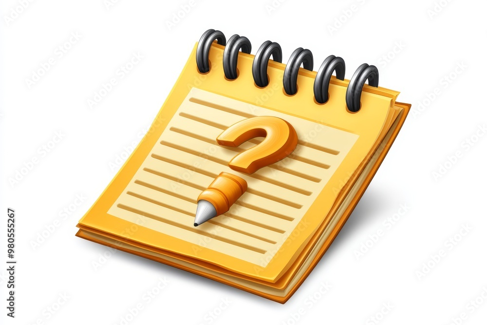 Poster spiral notepad with a large question mark and pencils evoking ideas problem solving and creativity a