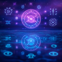 Obraz premium Zodiac symbols reflected in a cosmic lagoon, glowing with celestial energy