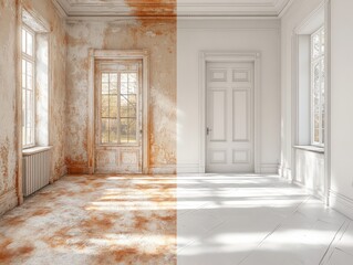 Dramatic Transformation of a Sunlit Room Showing Before and After Renovation with Rustic Aged Wall and Fresh Modern Finish, Capturing Interior Design Evolution in a Bright Space
