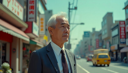 Businessman in Suit on a Busy City Street.