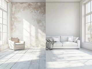 Dramatic Transformation of a Sunlit Room Showing Before and After Renovation with Rustic Aged Wall and Fresh Modern Finish, Capturing Interior Design Evolution in a Bright Space