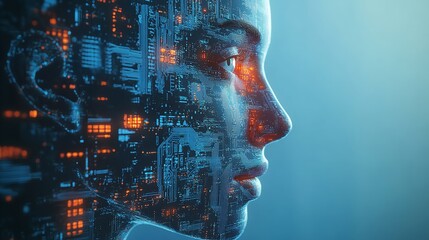 Close-up of digital human head profile with network connections. Generative AI