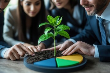 Business team examining a plant growing from a pie chart, representing sustainable business growth plans