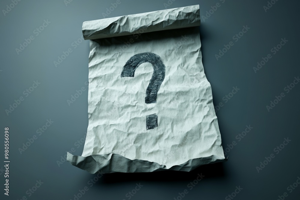 Poster crumpled sheet of paper with a grey question mark printed on it symbolizing unresolved questions or 