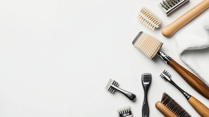 A collection of various grooming tools and brushes arranged neatly for personal care routines at home