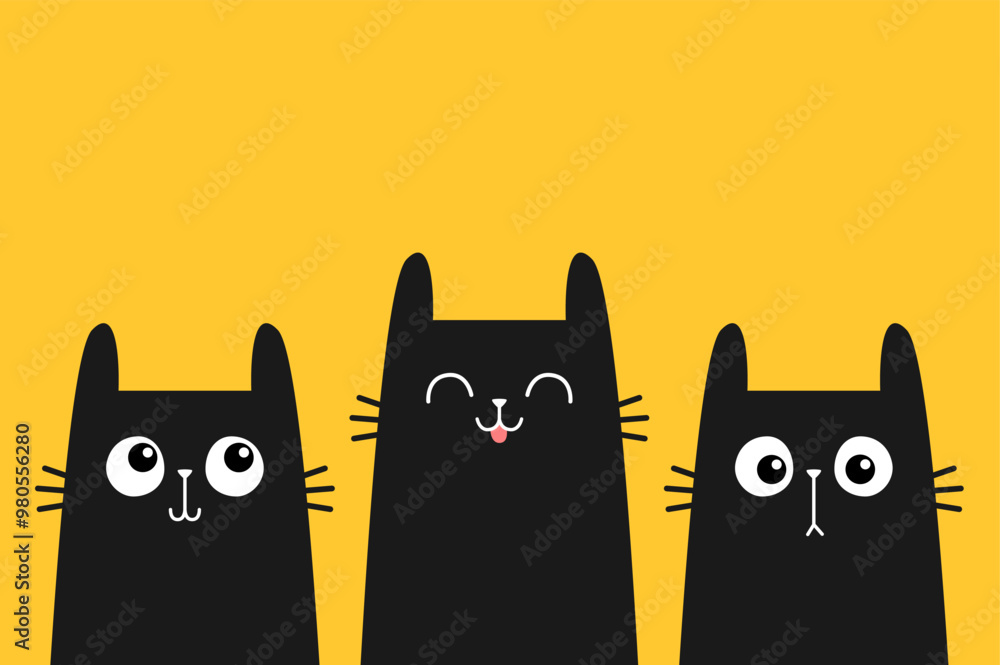 Wall mural Black cat kitten kitty face icon set. Cute kawaii cartoon character. Sad, happy, surprised emotion. Valentines Day. Greeting card, banner, tshirt, sticker print. Yellow background. Flat design. Vector