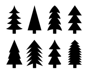 Christmas tree set. Black silhouette. Fir tree collection. Pine trees. Different shape. New Year winter sign symbol. Greeting card, banner, web, sticker template. Flat design. White background. Vector
