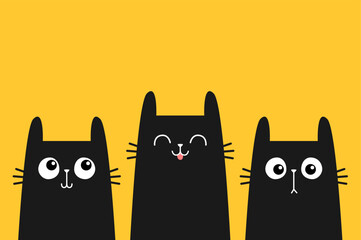 Black cat kitten kitty face icon set. Cute kawaii cartoon character. Sad, happy, surprised emotion. Valentines Day. Greeting card, banner, tshirt, sticker print. Yellow background. Flat design. Vector © worldofvector