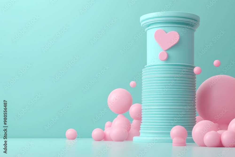 Poster tall column with floating pink heart shapes set against a pale cyan background symbolizing affection