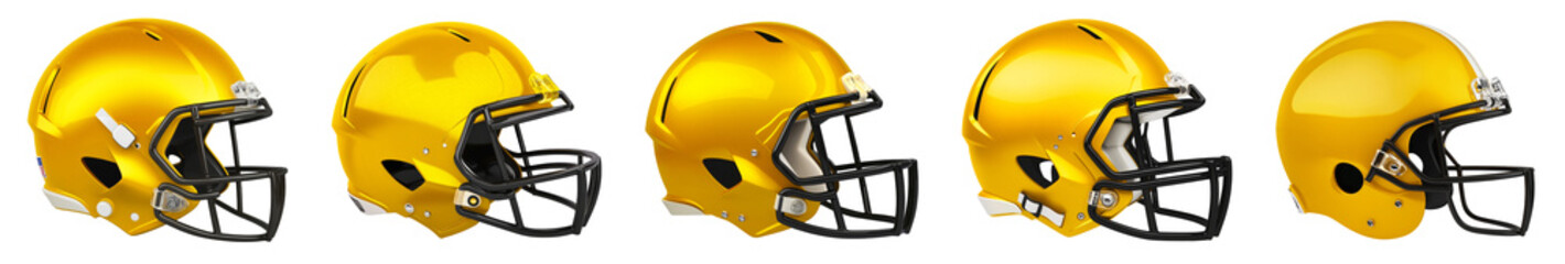 A side view of a yellow & black American football helmet with a transparent background.