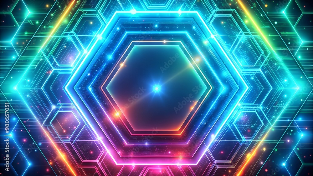 Poster colorful abstract hexagonal background with glowing neon edges and bright lights in a futuristic des
