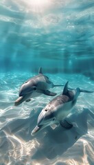 Obraz premium Majestic underwater scene of mother dolphin and calf gliding gracefully near ocean floor