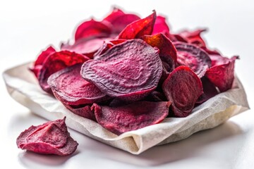 Fototapeta premium Crunchy beet chips scattered on a rustic cloth napkin.