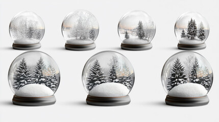 Delicate snow globes displaying serene winter landscapes with pine trees in soft focus