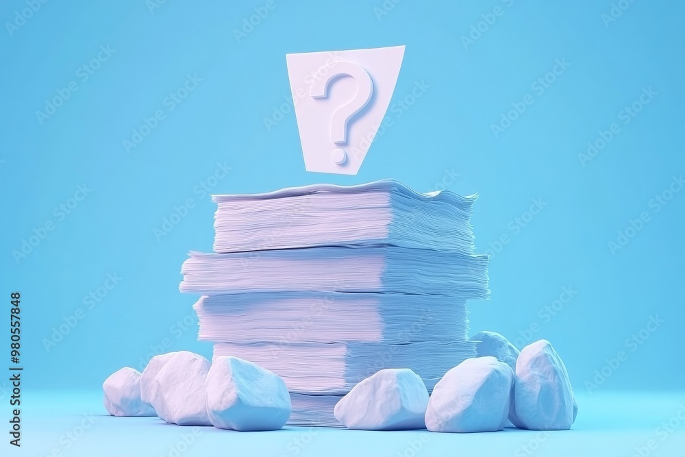 Poster a stack of white papers with a large question mark in a bright blue setting symbolizing unanswered q
