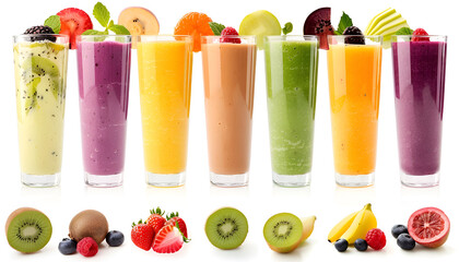 Nine tastes of smoothie in glass with fruit isolated on white background