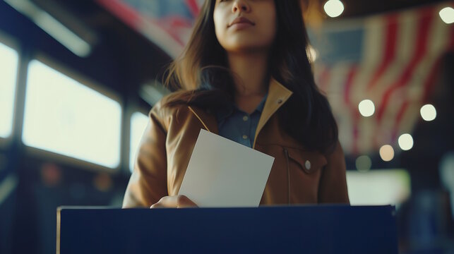 Woman in a brown jacket casting her ballot in a voting booth, symbolizing empowerment and civic duty. Ideal for Election Day themes