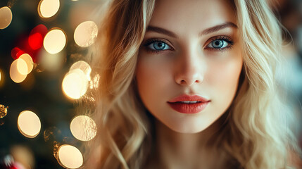 Fototapeta premium closeup portrait young beautiful woman on christmas party