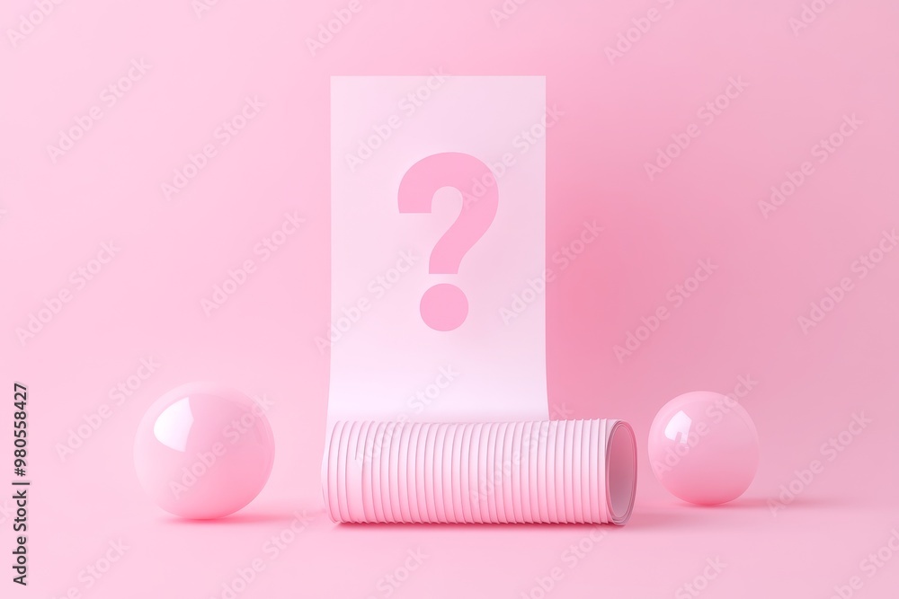 Poster minimalist pink paper with a large question mark in the center surrounded by soft spheres symbolizin