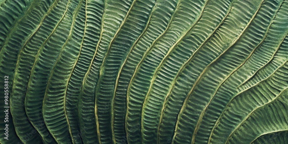 Poster a close-up view of textured green leaves displaying intricate patterns and lines.