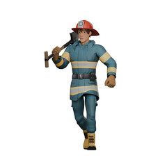 Male Firefighter 3D Illustration. A firefighter walks with a shovel on his shoulder. Professional