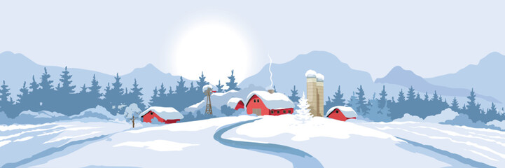 Abstract winter rural landscape with farm house. Vector illustration, wheat fields and meadows. Christmas time.