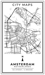 Monochrome Line Art Map of Amsterdam Capital City of Netherlands, Illustration and home decoration
