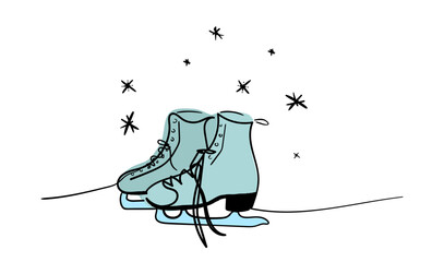 Continuous one line of pair of figure ice skates hanging in silhouette on white background. Winter illustration.
