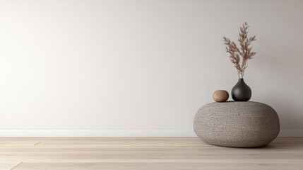 Simple interior decor featuring a textured vase and dried flowers on a rounded table in a minimalist living space