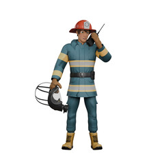 Professional 3D Male Firefighter. A firefighter stands while communicating via a walkie talkie in his hand and his other hand holds a protective mask. Firefighting Character