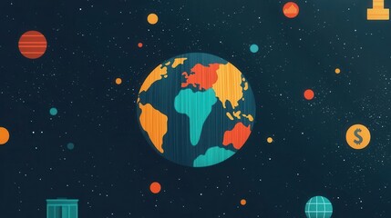 Naklejka premium Financial icons such as stocks, bonds, and real estate circling around a globe, representing diverse global investments, investment diversification, global portfolio management