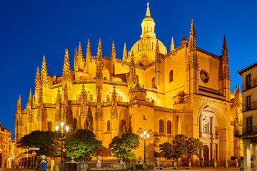 Gothic cathedral at sunset in Segovia. Castilla y Leon. Spain