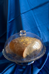 Rotten bread on decorated glass serving tray