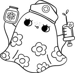 Coloring page Halloween Ghost Nurse with pill and syringe