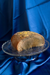 Rotten bread on decorated glass serving tray