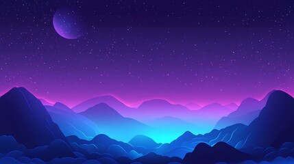 Obraz premium Stunning digital landscape featuring mountains under a starry sky with vibrant purple and blue hues, evoking a sense of tranquility.