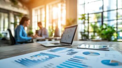 Business leaders collaborating on supply chain management goals, laptops and graphs in a bright, airy office