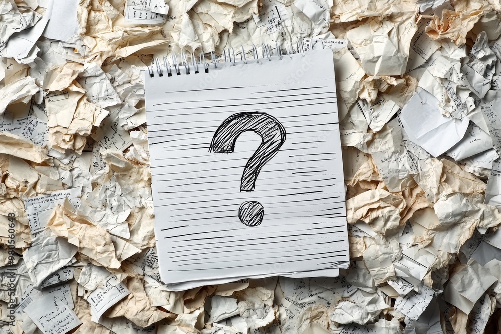 Poster crumpled notepad page with a hand drawn question mark scattered over a pile of discarded paper symbo