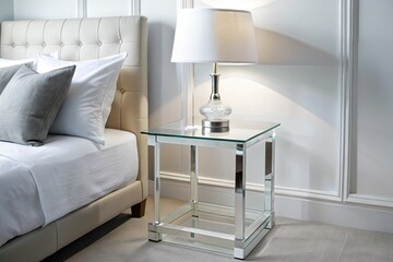 Fototapeta premium Elegant bedroom with a lamp and a cozy bed.