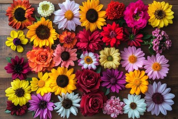 A top down view of a collection of vivid flowers like sunflowers, daisies, and roses, arranged symmetrically on a wooden table. 