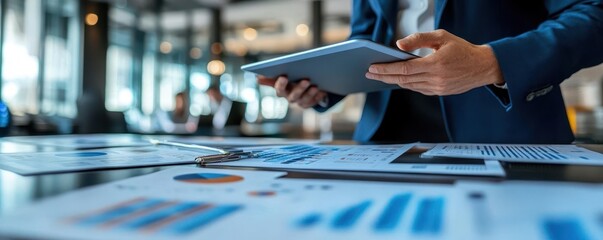 Executives reviewing supply chain data on digital tablets, printed reports on the table in a contemporary office