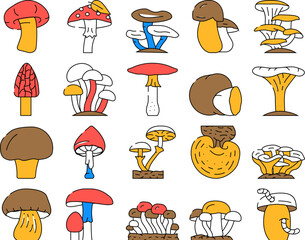 Mushroom Vegetable And Fungus Icons Set Vector. Shitake And Porcini, Morel And Toadstool, Fungi And Amanita Mushroom. Delicious Natural And Vitamin Champignon And Truffle color Contour Illustrations