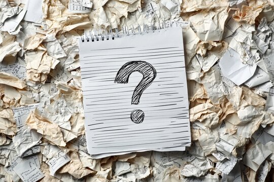 Crumpled notepad page with a hand drawn question mark scattered over a pile of discarded paper symbolizing frustration writer&rsquo;s block and unresolved ideas