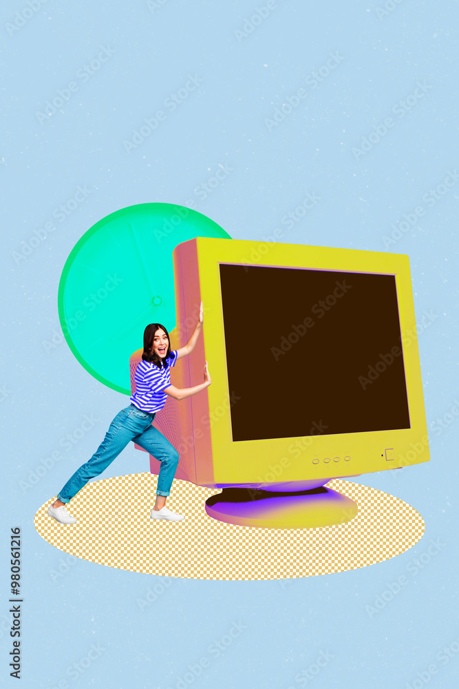Poster vertical collage picture young woman push computer pc monitor screen display digital device user mod