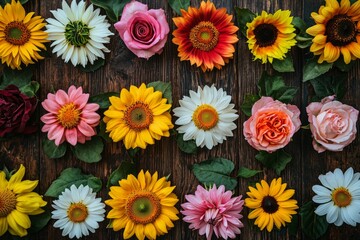 A top down view of a collection of vivid flowers like sunflowers, daisies, and roses, arranged symmetrically on a wooden table. 