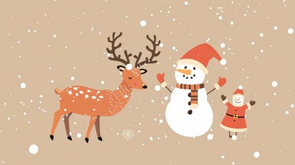 A minimalist background showcases Santa's elk and a snowman. The elk stands with grace, its antlers reaching upwards. The snowman is crafted with care, with a carrot nose and coal eyes